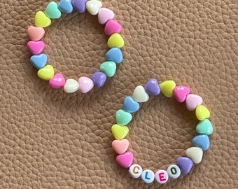 Puffy Heart Girls Name Bracelet Set, Stretchy Bead Heart Bracelets Rainbow Candy Heart Beaded Bracelet