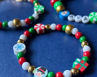 Christmas Beaded Bracelet: Holiday Stretch Wristband Accessory Festive Bead Jewelry Gift Stocking Stuffer Christmas Celebration