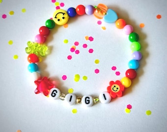 Rainbow Name Bracelet for Kids, Happy Face Bracelet with Gummy Bear