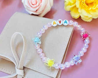 Pink Bracelet for Girls, Girls Personalized Name Bracelet with Stars, Pink Name Bracelet for Girls, Kids Pink Jewelry