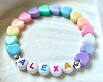 Rainbow Hearts Girls Letter Bead Bracelet Personalized Custom Name Gift for Kids Jewelry for Toddlers Bracelet Stretchy Bead Heart Bracelets