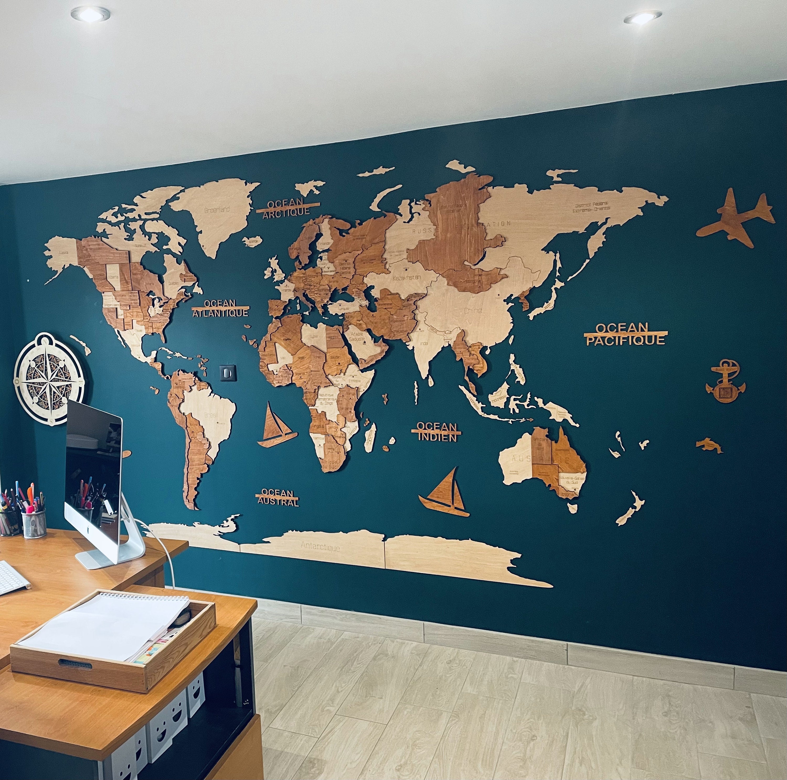 Carte Du Monde En Liège Et Bois à Coller Au Mur - Décoration Murale Vintage Style Planche - 7