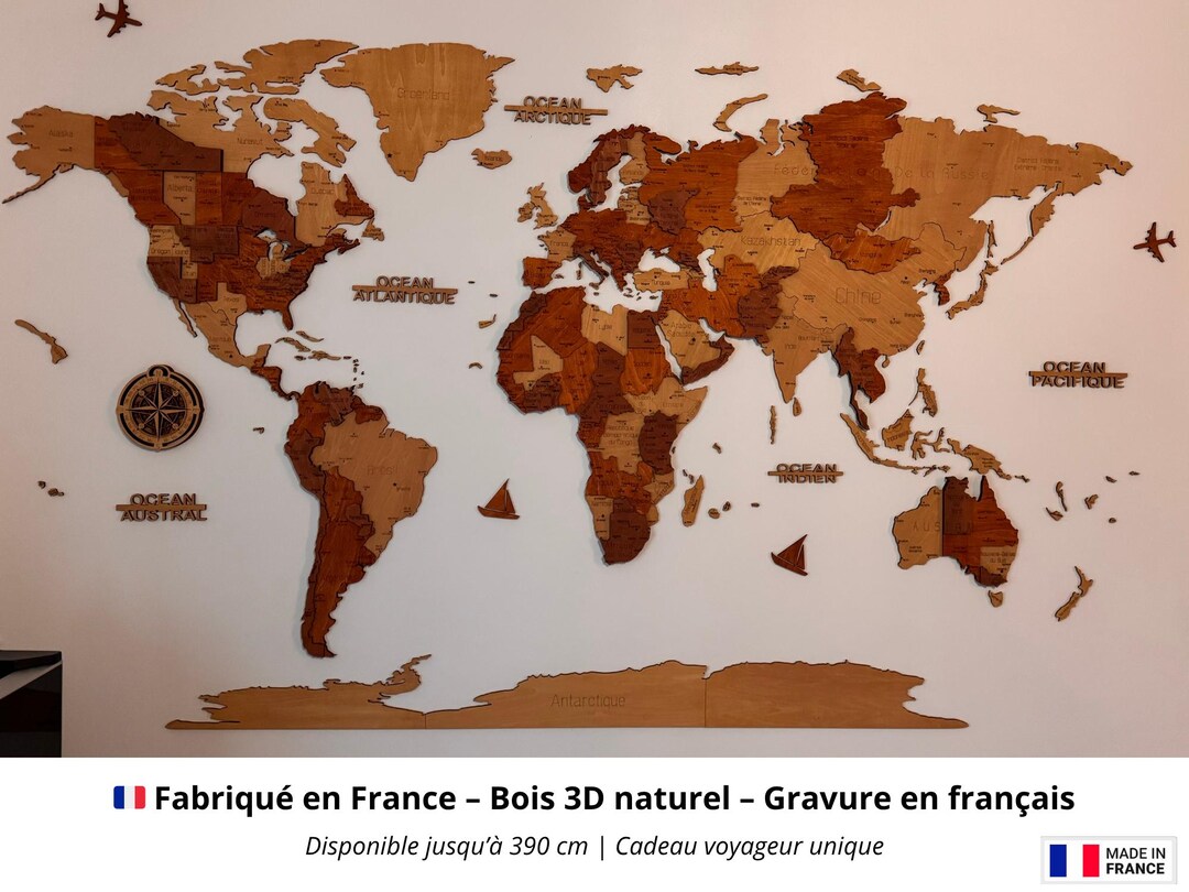 Carte Du Monde 3D En Bois - Décoration Murale Avec Punaises - Cadeau Crémaillère