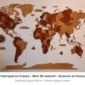Carte du Monde Bois 3D Personnalisée – Made in France | Gravée Français | Déco Murale Voyage | Cadeau Original Voyageur