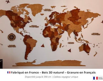 Personalized 3D Wooden World Map – Made in France | French Engraved | Travel Wall Decor | Original Travel Gift