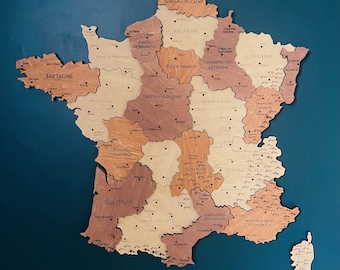 Wooden map of France, France map wall decoration, Wooden crafts, French travel map, Interior decoration