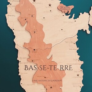 Wooden wall map of Guadeloupe, Wooden Guadeloupe wall decoration, Wooden Guadeloupe, Wooden relief map of Guadeloupe image 3