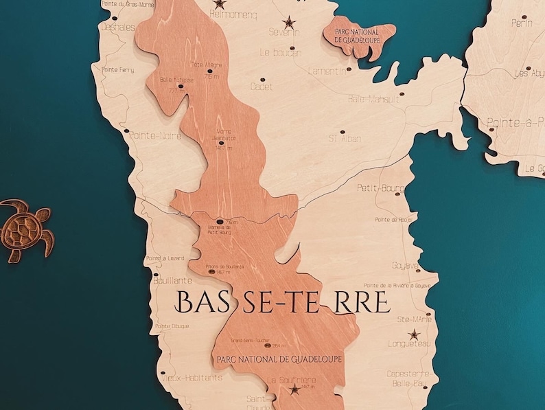 Wooden wall map of Guadeloupe, Wooden Guadeloupe wall decoration, Wooden Guadeloupe, Wooden relief map of Guadeloupe image 3