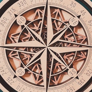 May include: A wooden compass with a black outer ring and a brown center. The compass has a black and white scale with numbers from 0 to 360 degrees. The compass also has four cardinal directions: North, South, East, and West. The compass is decorated with a geometric pattern of triangles and arrows.