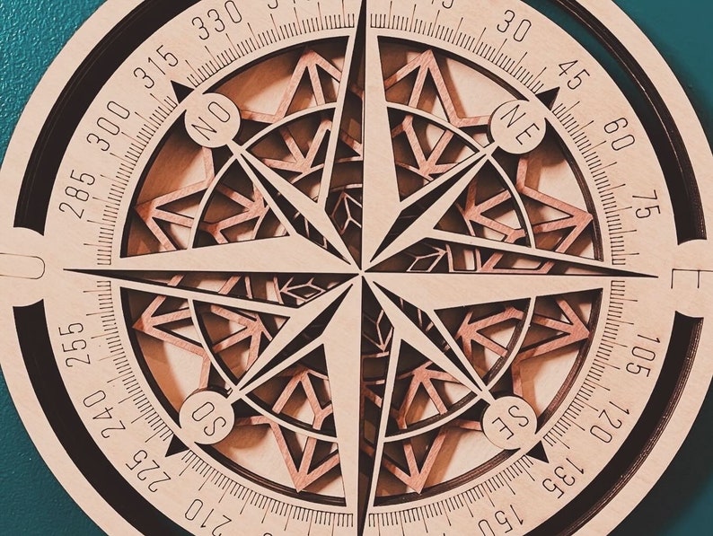 May include: A wooden compass with a black outer ring and a brown center. The compass has a black and white scale with numbers from 0 to 360 degrees. The compass also has four cardinal directions: North, South, East, and West. The compass is decorated with a geometric pattern of triangles and arrows.