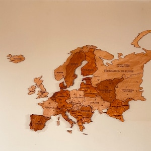 Carte murale continent Européen bois 3D Français