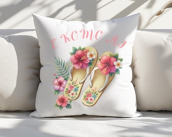 Tropical Floral 'Home Sweet Home' Pillow: Beach House Accent for Summer Decor & Cozy Vibes