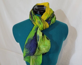 Vintage Hand Dyed Tie Dye Long Silk Scarf - Boho Chic with Hand Rolled Hem