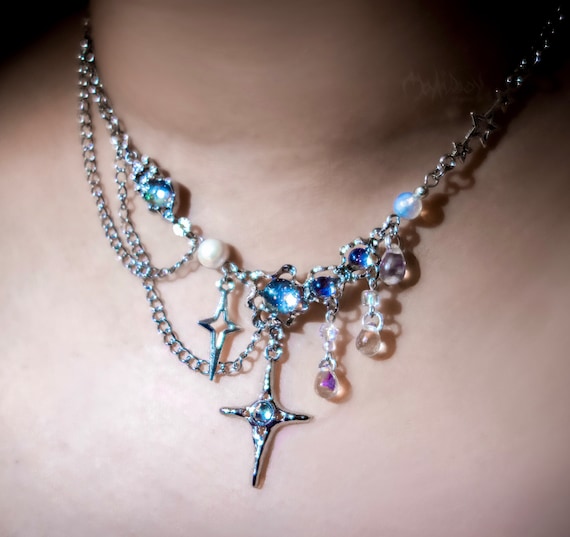 Chrome Star Necklace, Cyber Y2k Futuristic Cybercore