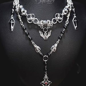 Malleus Maleficarum Chainmail Rosary Necklace – Gothic Bat Coffin Pendant Choker