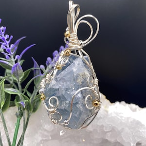 Celestite Crystal Pendant Necklace, Celestite Crystal Cluster Necklace, Raw Celestite Pendant, Designer-Made Wire Wrap Statement Piece