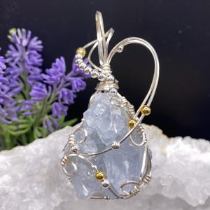 Celestite Crystal Pendant Necklace, Celestite Crystal Cluster, Silver Tone Wire Wrap