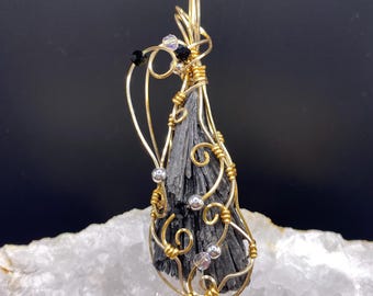 Black Kyanite Fan Necklace, Natural Raw Kyanite Stick Pendant, Designer Made Wire Wrap Jewelry