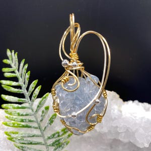 Celestite Crystal Pendant Necklace, Celestite Crystal Cluster, Gold Tone Wire Wrap