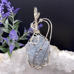 Celestite Crystal Pendant Necklace, Celestite Crystal Cluster, Silver Tone Wire Wrap