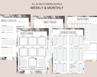 Weekly and Monthly Planning Bundle - Undated Downloadable and Printable Planning Bundle 5 pages