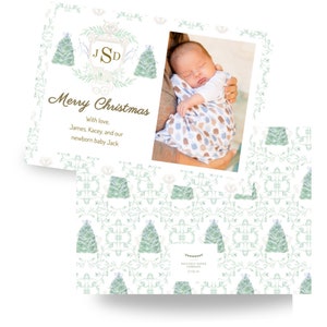 Tarjeta de Navidad de anuncio de bebé, cresta con cochecito de bebé, anuncio de nacimiento de niño, primera tarjeta fotográfica del bebé, tarjeta de Navidad chinoiserie