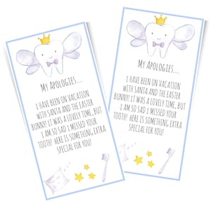 Carta de disculpa del hada de los dientes / Carta del hada de los dientes para niño / Hada de los dientes olvidó la carta / Recibo del hada de los dientes niño / Carta del hada de los dientes niño