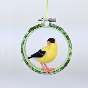 Needle Felted Goldfinch Ornament – American Goldfinch in 3&quot; Embroidery Hoop – Handmade Wool Bird Decoration