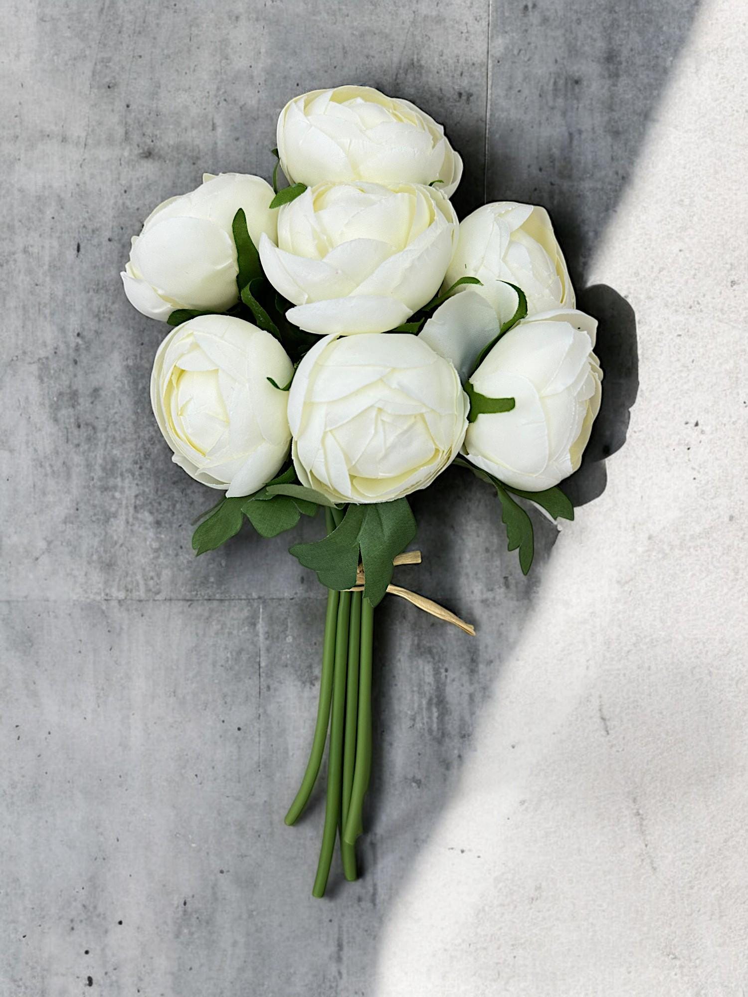 White Ranunculus Bouquet: 7 Heads, Artificial Wedding Flowers