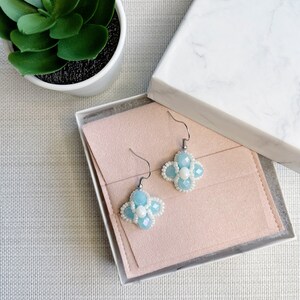 Handmade white and blue crystal beaded earrings