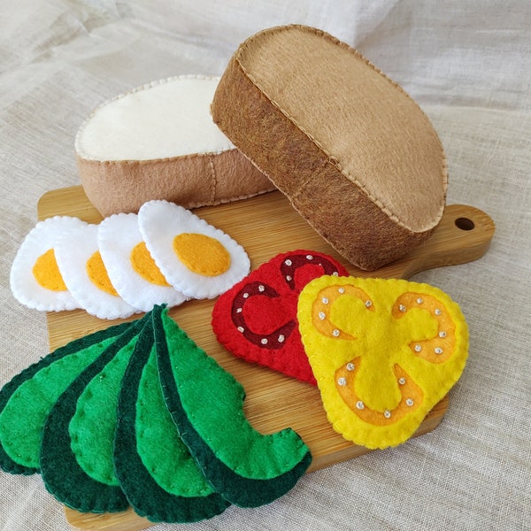 Felt Artisan Avocado/Tomato / Egg Toast Set Play Pretend Faux Food Play Kitchen/Bakery