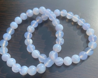 Pulsera de cuentas de cristal de calcedonia azul natural de grado AAA de 8 mm - Chakra de la garganta - Relajante - Paz - Armonía - Expresión espiritual