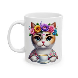 Coffee Drinking Frida Cat Ceramic Mug, (11oz)