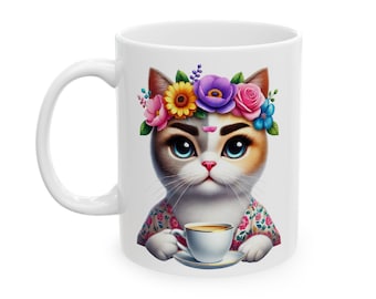 Coffee Drinking Frida Cat Ceramic Mug, (11oz)