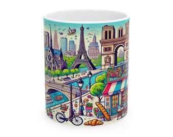 Colorful Paris Themed Ceramic Mug, (11oz)