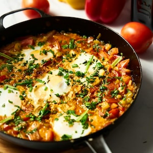 Könnte beinhalten: Eine Pfanne Shakshuka, ein Gericht aus dem Nahen Osten, mit Eiern in einer Tomaten- und Paprikasauce, garniert mit frischen Kräutern. Rote und gelbe Paprika und Tomaten sind im Hintergrund zu sehen. Das Gericht wird in einer schwarzen Pfanne serviert.