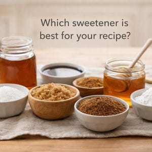 May include: Image of different sweeteners for cooking. Jars of honey and syrup are shown, alongside bowls of white sugar, brown sugar, and icing sugar. The text reads "Which sweetener is best for your recipe?"