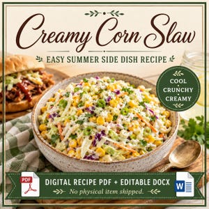 May include: A digital recipe card for Creamy Corn Slaw featuring text that reads Creamy Corn Slaw, Easy Summer Side Dish Recipe, Cool Crunchy Creamy, and Digital Recipe PDF + Editable Docx. The image shows a bowl of corn slaw with vegetables.