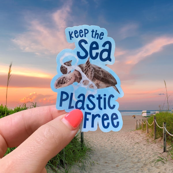 Keep the Seas Plastic Free Sticker with Watercolor Sea Turtle (: