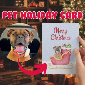 Custom Pet Christmas Card - Pet Portrait, Personalized Holiday Cards, Dog Cat Holiday Cards, Santa&#39;s Sleigh Pet Art, Personalized Stationery