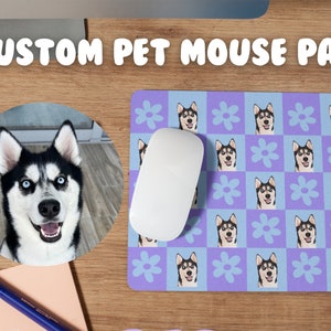 Custom Pet Mouse Pad - Dog Cat Bunny Horse Illustration, Gaming Mouse Pad, Personalized Pet Gifts, Office Decor, Blue Purple Flowers, Trendy