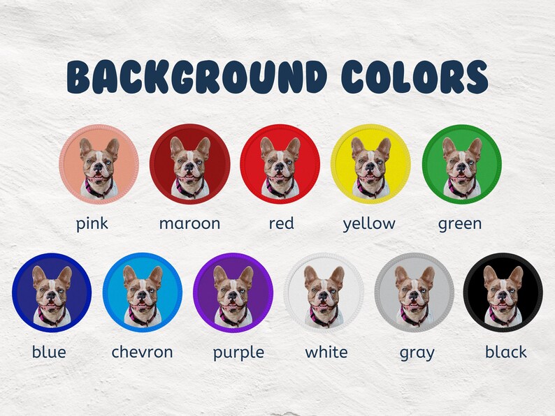 Pu&ograve; includere: Un grafico che mostra 10 diverse opzioni di colore di sfondo per un ritratto personalizzato di animali domestici. I colori sono rosa, marrone, rosso, giallo, verde, blu, chevron, viola, bianco, grigio e nero.