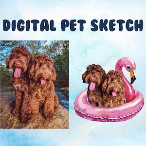 Custom Pet Portrait for Summer - Turn Your Favorite Dog or Cat Photo into a Cute Digital Drawing, Pink Flamingo, Pool, Pet Portrait Art