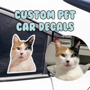 May include: Custom pet car decals featuring a white, black, and orange cat with green eyes. The cat is looking directly at the camera with its tongue sticking out. The text "CUSTOM PET CAR DECALS" is written in blue letters on a white background.