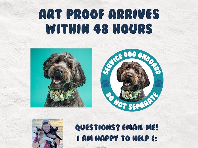 Pu&ograve; includere: Un cane marrone e bianco con un collare di fiori con il testo "SERVICE DOG ONBOARD DO NOT SEPARATE" in un cerchio blu con impronte di zampe.