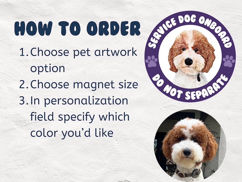 Pu&ograve; includere: Un magnete circolare viola con un bordo bianco e il testo "Service Dog Onboard Do Not Separate" in bianco. Il magnete presenta un'illustrazione di un cane marrone e bianco con un collare marrone.