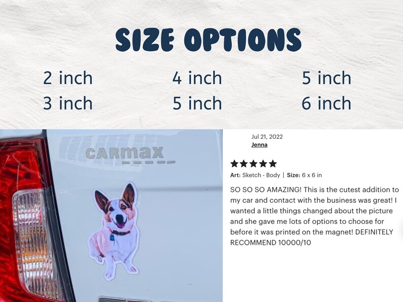 May include: A white car with a custom car magnet featuring a cartoon corgi dog. The magnet is 15.2 cm by 15.2 cm. The text "CARMAX" is visible on the car. The review text reads "SO SO SO AMAZING! This is the cutest addition to my car and contact with the business was great! I wanted a little things changed about the picture and she gave me lots of options to choose for before it was printed on the magnet! DEFINITELY RECOMMEND 10000/10".