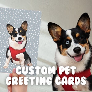 Custom Pet Greeting Cards (BLUE RAIN) (10, 30, 50 pack), Custom Pet Portrait, Dog Cat Bunny Sketch, Personalized Stationary