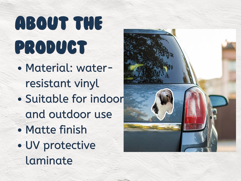 May include: A sticker of a black and white dog on a blue car. The sticker is made of water-resistant vinyl and has a matte finish. It is suitable for indoor and outdoor use and is UV protective.