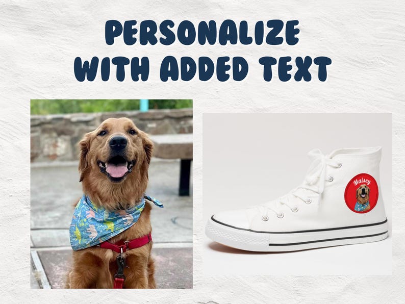 Pu&ograve; includere: Una scarpa bianca in tela alta con un cerchio rosso sul lato che presenta un golden retriever con un bandana blu. Il testo "Maisey" &egrave; stampato in bianco sul cerchio. La scarpa &egrave; su uno sfondo bianco.